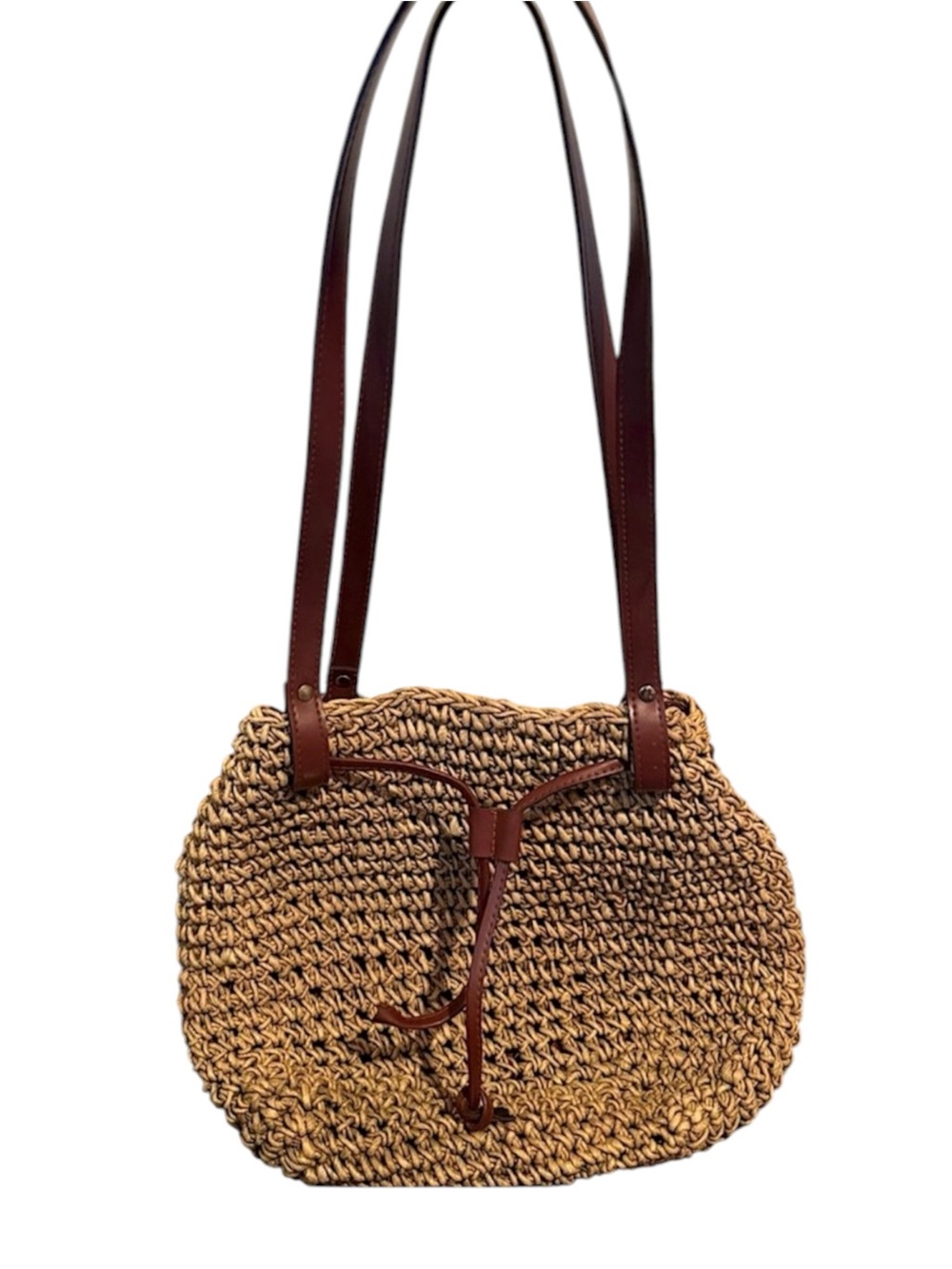 Woven Straw Shoulder Bag with Brown Vegan Leather Straps